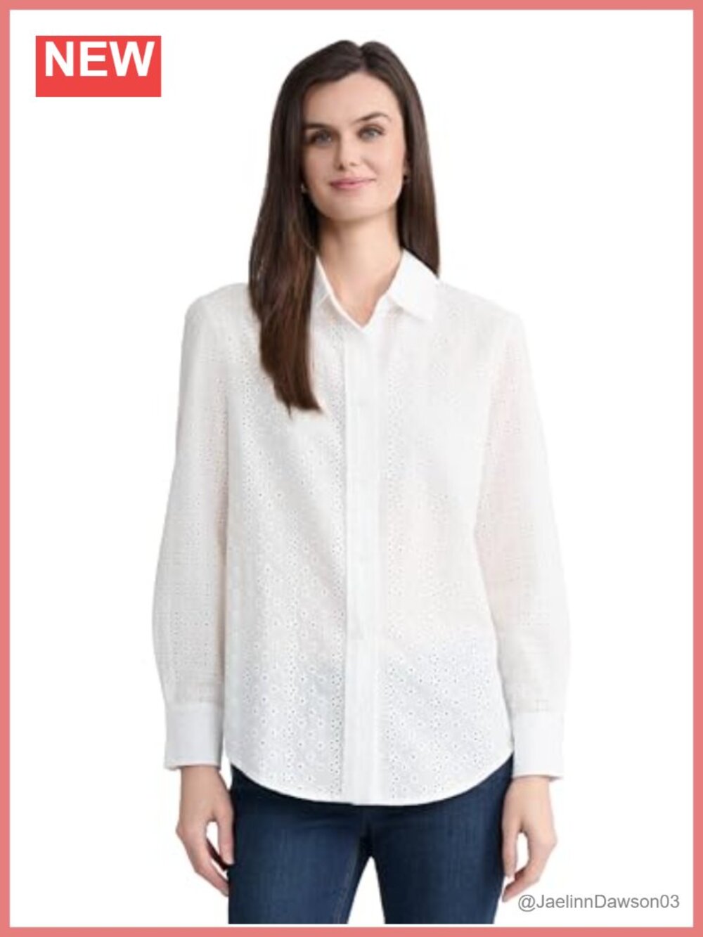 Cotton Eyelet Long Sleeve Button Front Top Crew Neck